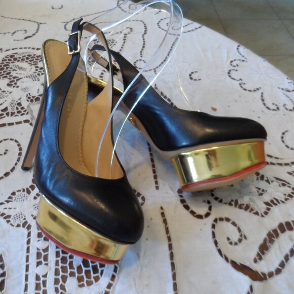 Charlotte Olympia Women Charlotte Olympia Black Calf Leather Sling Back Platform Heeled Pumps Size 39B
